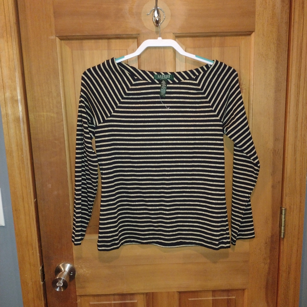 NWOT women's Ralph Lauren petite L black and gold shirt.